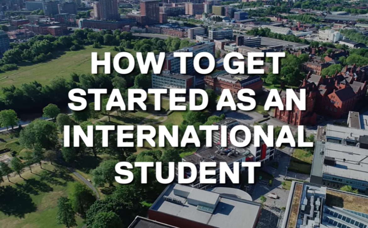 an aerial view of Salford with copy "how to get started as an international student"