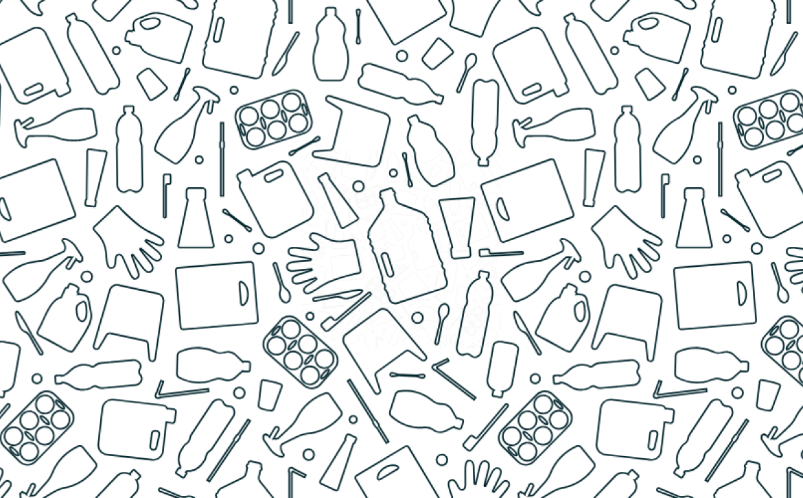 Illustration representing plastic items such as plastic bottles, containers, bags, and cutlery