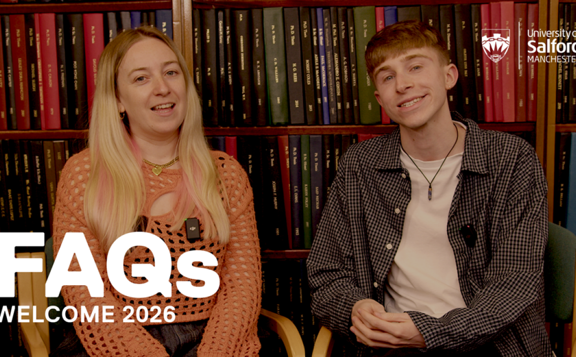 Two people sat in chairs in front of bookshelves, with text 'FAQs Welcome 2026' over the top