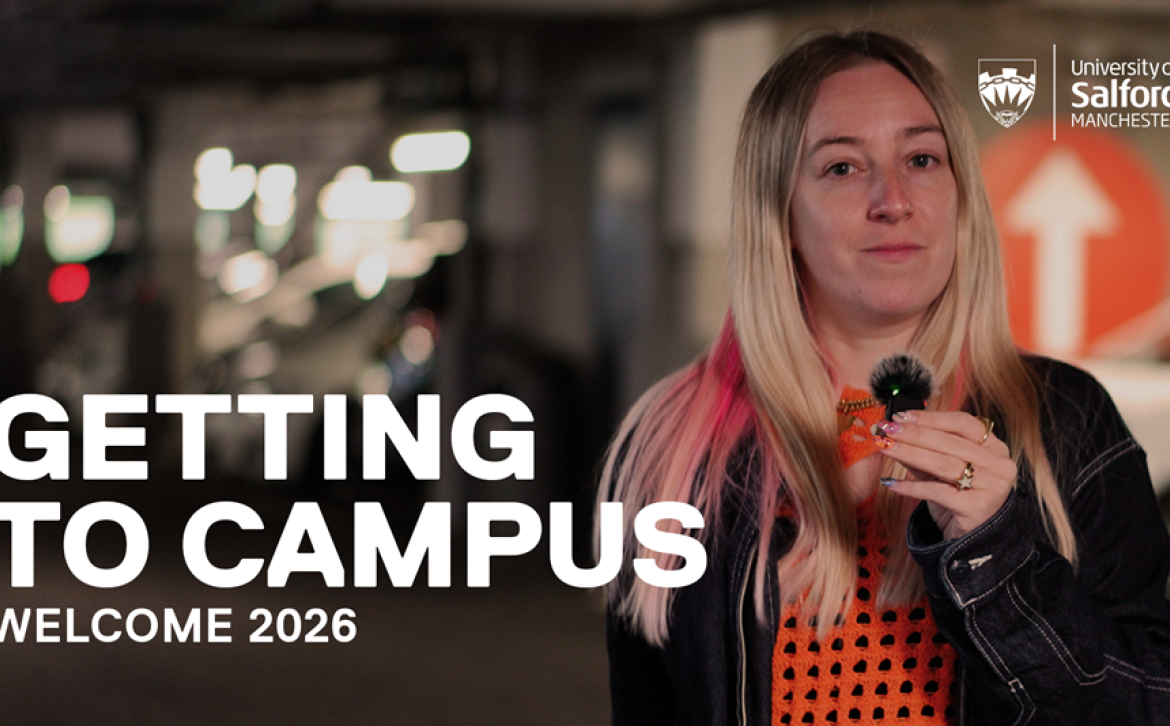 Image of woman stood in car park with text 'getting to campus' over the top of the image