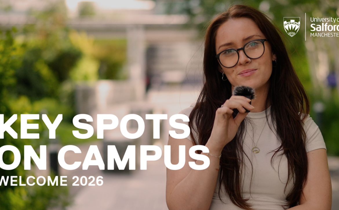Image of woman holding a microphone with 'keys spots on campus' text over the top