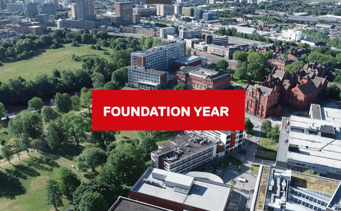 "Foundation Year" text over aerial view of Salford University