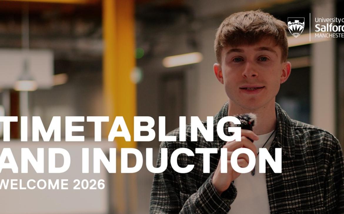 Image of student holding a microphone with text 'timetabling and induction' over the top